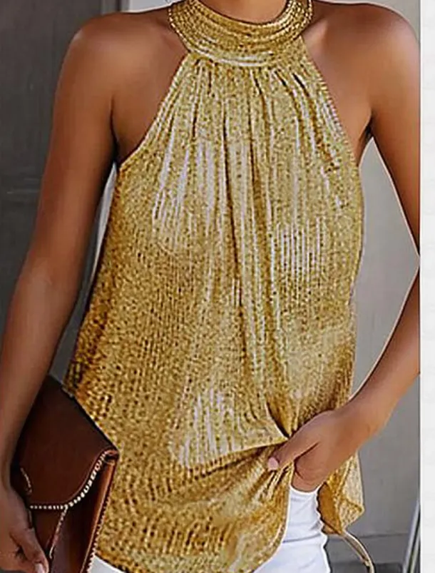 Women's Plus Size Camisole Tank Top Summer Tops Blouse Plain Sexy Basic Beach Sleeveless Halter Neck Daily Pleated Cut Out Silver Black Yellow