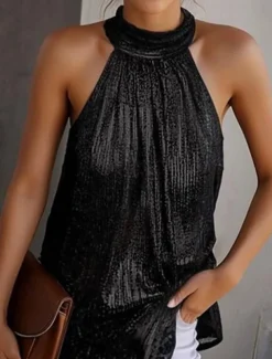 Women's Plus Size Camisole Tank Top Summer Tops Blouse Plain Sexy Basic Beach Sleeveless Halter Neck Daily Pleated Cut Out Silver Black Yellow