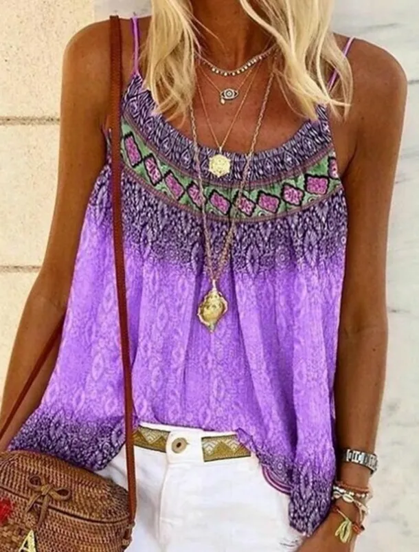 Women's Plus Size Camisole Tank Top Camisole Summer Tops Boho Geometric Sleeveless Strap Holiday Beach Yellow Pink Blue Purple