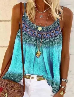 Women's Plus Size Camisole Tank Top Camisole Summer Tops Boho Geometric Sleeveless Strap Holiday Beach Yellow Pink Blue Purple