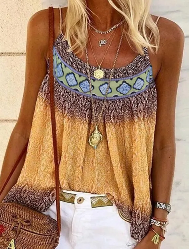 Women's Plus Size Camisole Tank Top Camisole Summer Tops Boho Geometric Sleeveless Strap Holiday Beach Yellow Pink Blue Purple