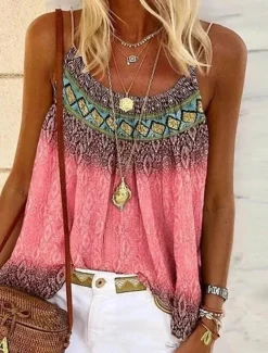 Women's Plus Size Camisole Tank Top Camisole Summer Tops Boho Geometric Sleeveless Strap Holiday Beach Yellow Pink Blue Purple