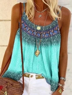 Women's Plus Size Camisole Tank Top Camisole Summer Tops Boho Geometric Sleeveless Strap Holiday Beach Yellow Pink Blue Purple