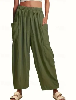Women's Plus Size Cotton Linen Shorts Linen-Inspired Pants Cotton Linen Pants Casual Daily Full Length High Waist High Rise Solid Colored Pocket Wide Leg Inelastic Daily Wear Green All Seasons