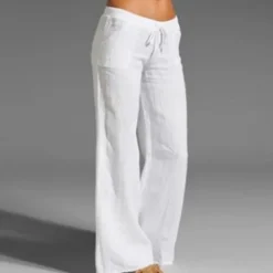 Women's Plus Size Cotton Linen Pants High Waist Solid Color Drawstring Wide Leg Comfy Breathable Quick Dry Micro-elastic Black White Dark Navy Blue Summer Spring Fall Loose Fit