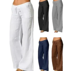 Women's Plus Size Cotton Linen Pants High Waist Solid Color Drawstring Wide Leg Comfy Breathable Quick Dry Micro-elastic Black White Dark Navy Blue Summer Spring Fall Loose Fit