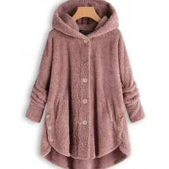 Women's Plus Size Fleece Shirts Fleece Jacket Sports Teddy Pullover Fleece Solid Color Street Casual Hoodie Buttons Front Pocket Long Sleeve claret turmeric Black Pink Navy Blue Fall