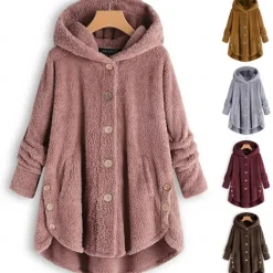 Women's Plus Size Fleece Shirts Fleece Jacket Sports Teddy Pullover Fleece Solid Color Street Casual Hoodie Buttons Front Pocket Long Sleeve claret turmeric Black Pink Navy Blue Fall