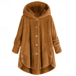 Women's Plus Size Fleece Shirts Fleece Jacket Sports Teddy Pullover Fleece Solid Color Street Casual Hoodie Buttons Front Pocket Long Sleeve claret turmeric Black Pink Navy Blue Fall