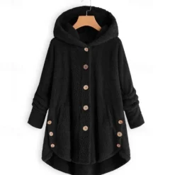 Women's Plus Size Fleece Shirts Fleece Jacket Sports Teddy Pullover Fleece Solid Color Street Casual Hoodie Buttons Front Pocket Long Sleeve claret turmeric Black Pink Navy Blue Fall