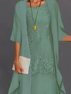 Women's Plus Size Knee Length Dress Lace Dress Dress Set Two Piece Dress Church Dress Elegant Classic Chinoiserie Formal Vacation Wedding Guest Regular Fit Pure Color Half Sleeve Crew Neck Light Blue