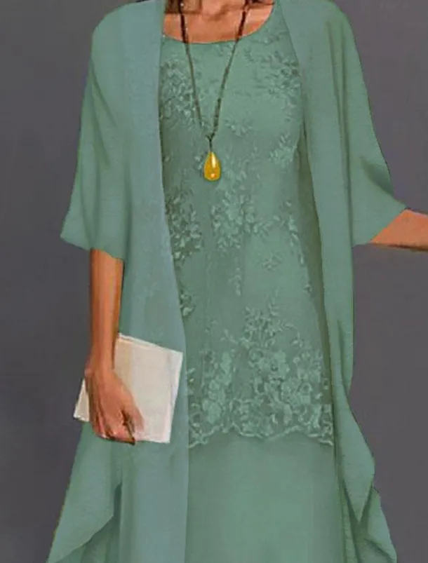 Women's Plus Size Knee Length Dress Lace Dress Dress Set Two Piece Dress Church Dress Elegant Classic Chinoiserie Formal Vacation Wedding Guest Regular Fit Pure Color Half Sleeve Crew Neck Light Blue