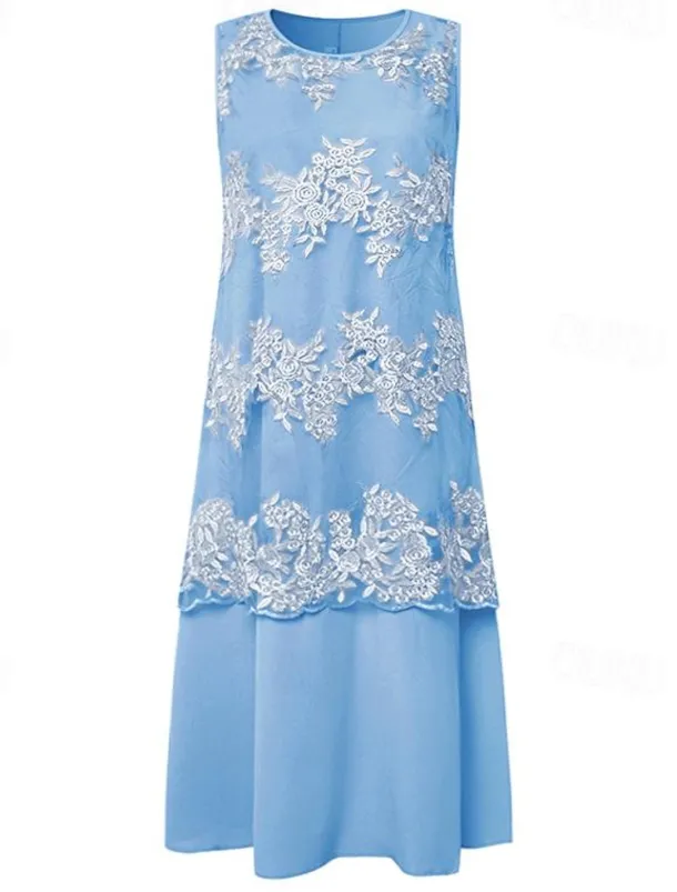 Women's Plus Size Knee Length Dress Lace Dress Dress Set Two Piece Dress Church Dress Elegant Classic Chinoiserie Formal Vacation Wedding Guest Regular Fit Pure Color Half Sleeve Crew Neck Light Blue