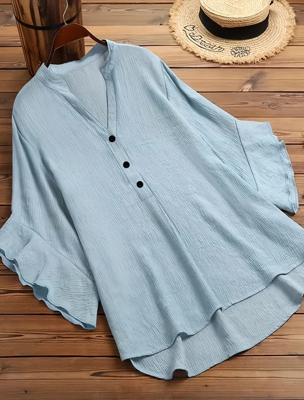 Women's Plus Size Linen-Inspired Shirts Blouse Solid Color Casual Short Sleeve V Neck Regular Tops Daily Blue All Seasons