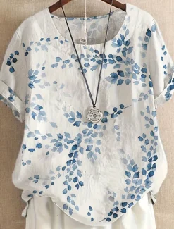 Women's Plus Size Linen-Inspired Shirts T Shirt Leaf Leaves Daily Casual Short Sleeve Crew Neck Daily White All Seasons
