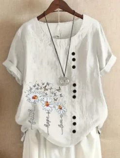Women's Plus Size Linen-Inspired Shirts T Shirt Flower Daily Casual Short Sleeve Crew Neck Daily White All Seasons