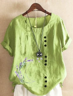 Women's Plus Size Linen-Inspired Shirts Button Up T Shirt Graphic Casual Short Sleeve Round Neck Regular Tops Daily Print Green Spring All Seasons