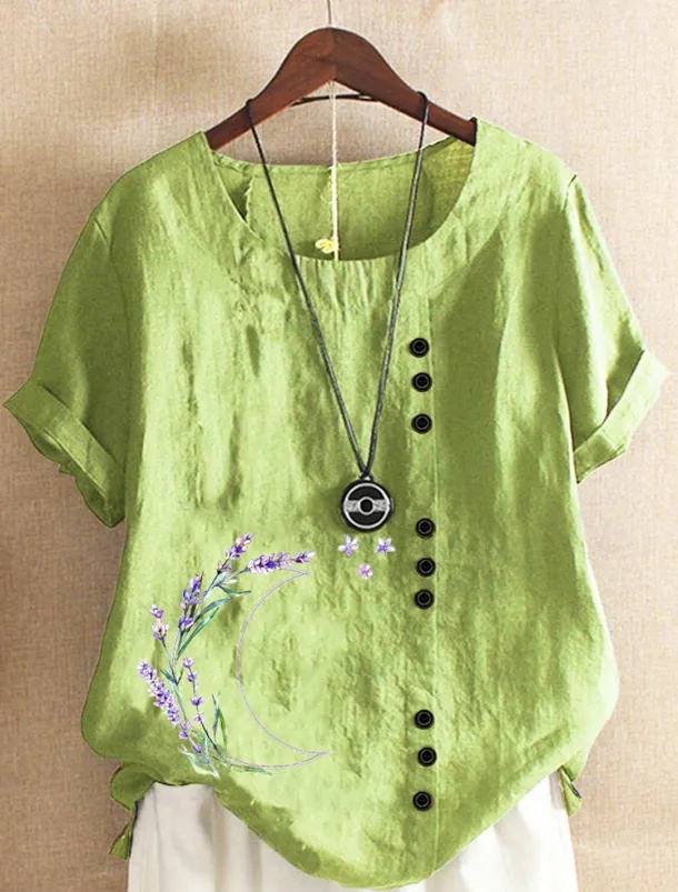 Women's Plus Size Linen-Inspired Shirts Button Up T Shirt Graphic Casual Short Sleeve Round Neck Regular Tops Daily Print Green Spring All Seasons