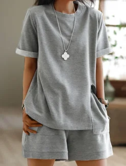Women's Plus Size Loungewear Sets Pure Color Sport Casual Comfort Home Street Daily Breathable Crew Neck Short Sleeve T shirt Tee Shorts Pocket Summer Spring Home Outfits