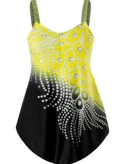 Women's Plus Size Swimwear 2 Piece Swim Dress Swimsuit Print for Big Busts Vacation Sporty Leaf Bathing Suits