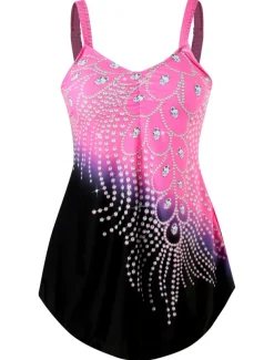 Women's Plus Size Swimwear 2 Piece Swim Dress Swimsuit Print for Big Busts Vacation Sporty Leaf Bathing Suits