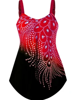 Women's Plus Size Swimwear 2 Piece Swim Dress Swimsuit Print for Big Busts Vacation Sporty Leaf Bathing Suits