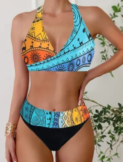 Women's Plus Size Swimwear Bikini Tankini 2 Piece Cheeky Swimsuit Deep V Push Up Knitted Stylish Beach Wear Leopard Color Block Plunge Sleeveless Bathing Suits