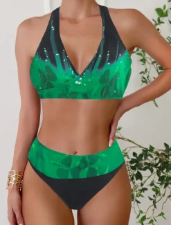 Women's Plus Size Swimwear Bikini Tankini 2 Piece Cheeky Swimsuit Deep V Push Up Knitted Stylish Beach Wear Leopard Color Block Plunge Sleeveless Bathing Suits