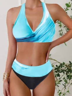 Women's Plus Size Swimwear Bikini Tankini 2 Piece Cheeky Swimsuit Deep V Push Up Knitted Stylish Beach Wear Leopard Color Block Plunge Sleeveless Bathing Suits