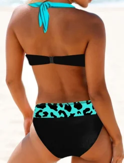 Women's Plus Size Swimwear Bikini 2 Piece Swimsuit Tie Front Tropical Push Up Ombre Gradient Color Sleeveless Bathing Suits