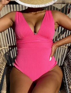 Women's Plus Size Swimwear One Piece Swimsuit Backless Patchwork Vacation Hawaiian Solid Color V Neck Sleeveless Bathing Suits