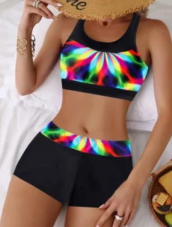 Women's Plus Size Swimwear Bikini Tankini 2 Piece Boy Leg Swimsuit High Waist Push Up Knitted Stylish Beach Wear Flag Leopard Round Neck Sleeveless Bathing Suits