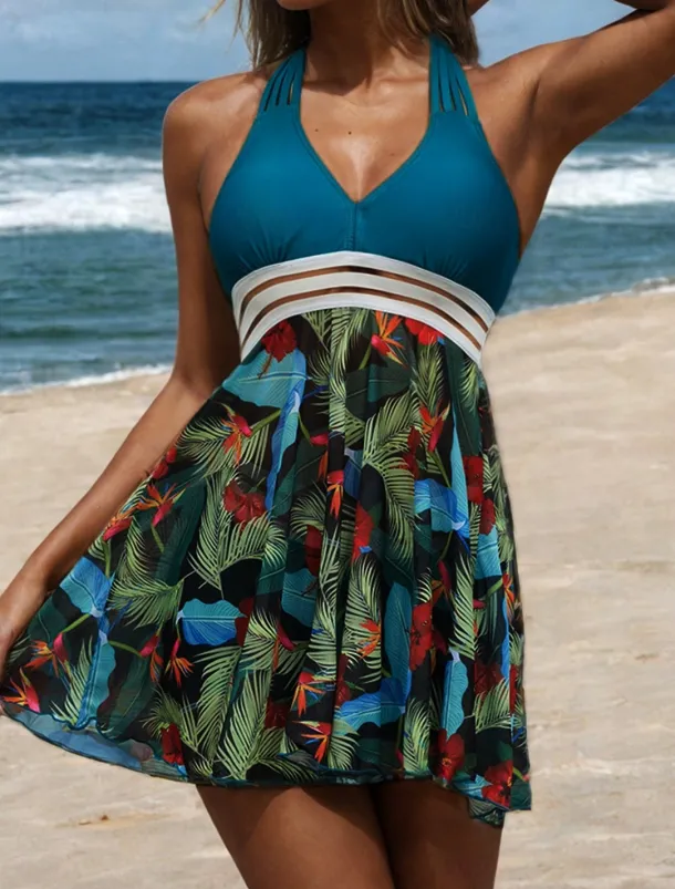 Women's Plus Size Swimwear Tankini 2 Piece Swim Dress Swimsuit 2 Piece Modest Swimwear Open Back Printing for Big Busts Vacation Cute Floral Leaf V Wire Sleeveless Bathing Suits