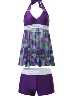 Women's Plus Size Swimwear Tankini 2 Piece Swim Dress Swimsuit 2 Piece Modest Swimwear Open Back Printing for Big Busts Vacation Cute Floral Leaf V Wire Sleeveless Bathing Suits