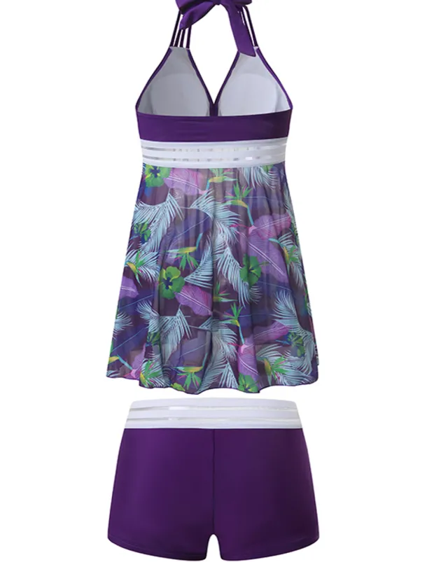 Women's Plus Size Swimwear Tankini 2 Piece Swim Dress Swimsuit 2 Piece Modest Swimwear Open Back Printing for Big Busts Vacation Cute Floral Leaf V Wire Sleeveless Bathing Suits