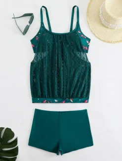 Women's Plus Size Swimwear Tankini 2 Piece Swim Dress High Waist Swimsuit See Through High Waist Knitted Stylish Beach Wear Leopard Tropical Round Neck Sleeveless Bathing Suits