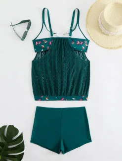 Women's Plus Size Swimwear Tankini 2 Piece Swim Dress High Waist Swimsuit See Through High Waist Knitted Stylish Beach Wear Leopard Tropical Round Neck Sleeveless Bathing Suits