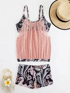 Women's Plus Size Swimwear Tankini 2 Piece Swim Dress High Waist Swimsuit See Through High Waist Knitted Stylish Beach Wear Leopard Tropical Round Neck Sleeveless Bathing Suits