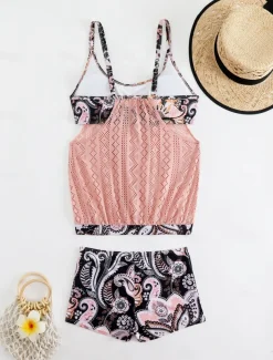 Women's Plus Size Swimwear Tankini 2 Piece Swim Dress High Waist Swimsuit See Through High Waist Knitted Stylish Beach Wear Leopard Tropical Round Neck Sleeveless Bathing Suits