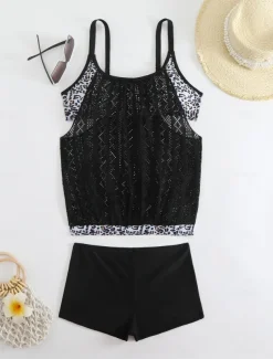 Women's Plus Size Swimwear Tankini 2 Piece Swim Dress High Waist Swimsuit See Through High Waist Knitted Stylish Beach Wear Leopard Tropical Round Neck Sleeveless Bathing Suits