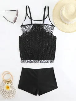Women's Plus Size Swimwear Tankini 2 Piece Swim Dress High Waist Swimsuit See Through High Waist Knitted Stylish Beach Wear Leopard Tropical Round Neck Sleeveless Bathing Suits