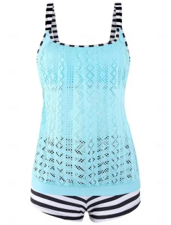 Women's Plus Size Swimwear Tankini 2 Piece Swim Dress High Waist Swimsuit See Through High Waist Knitted Stylish Beach Wear Leopard Tropical Round Neck Sleeveless Bathing Suits