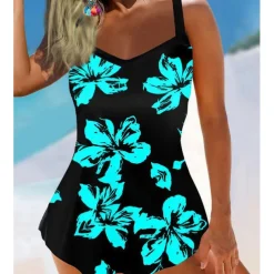 Women's Plus Size Swimwear Tankini 2 Piece Swim Dress Swimsuit 2 Piece Summer Floral Strap Sleeveless Bathing Suits