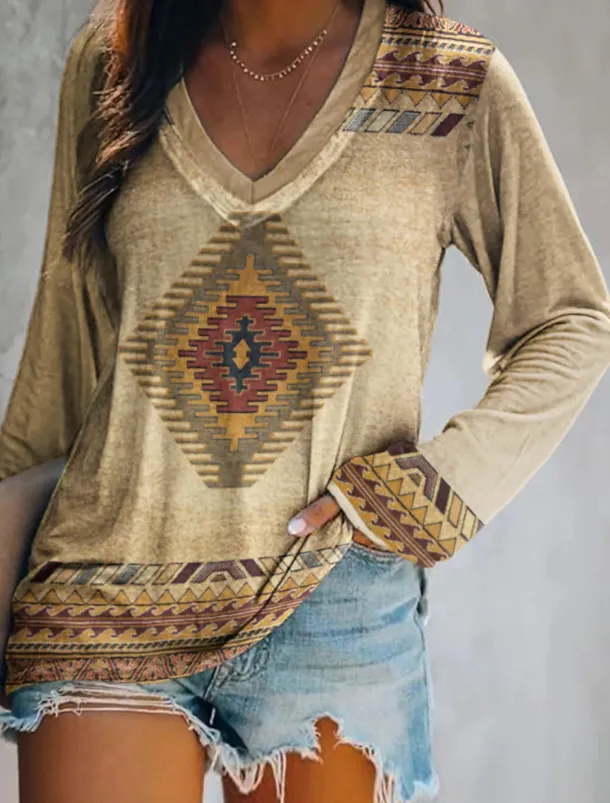 Women's Plus Size T Shirt V Neck Long Sleeve Tunic Graphic Geometric Vintage Basic Ethnic Long Tops Daily Weekend Print Blue Khaki Fall & Winter