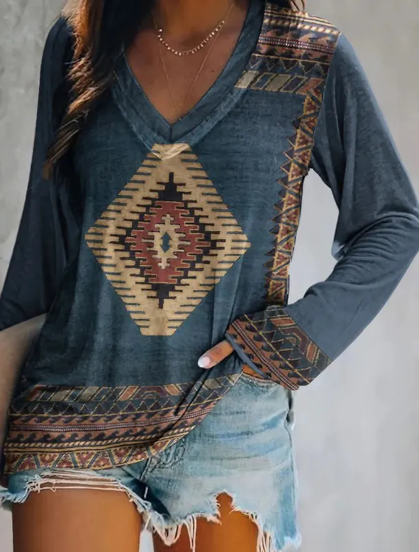 Women's Plus Size T Shirt V Neck Long Sleeve Tunic Graphic Geometric Vintage Basic Ethnic Long Tops Daily Weekend Print Blue Khaki Fall & Winter