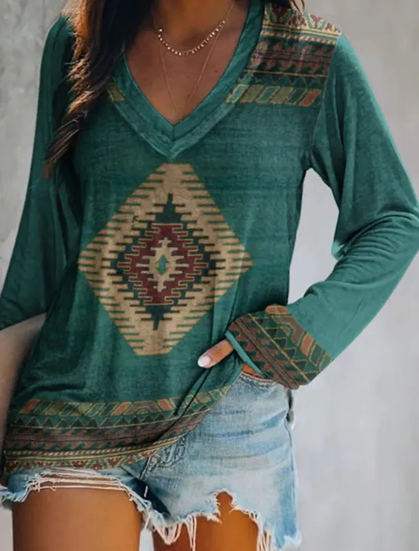 Women's Plus Size T Shirt V Neck Long Sleeve Tunic Graphic Geometric Vintage Basic Ethnic Long Tops Daily Weekend Print Blue Khaki Fall & Winter