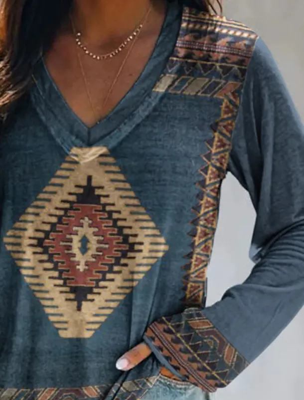 Women's Plus Size T Shirt V Neck Long Sleeve Tunic Graphic Geometric Vintage Basic Ethnic Long Tops Daily Weekend Print Blue Khaki Fall & Winter