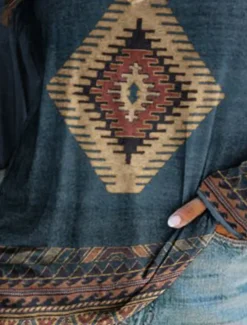 Women's Plus Size T Shirt V Neck Long Sleeve Tunic Graphic Geometric Vintage Basic Ethnic Long Tops Daily Weekend Print Blue Khaki Fall & Winter