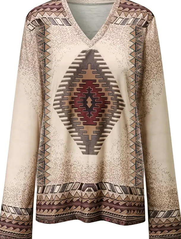 Women's Plus Size T Shirt V Neck Long Sleeve Tunic Graphic Geometric Vintage Basic Ethnic Long Tops Daily Weekend Print Blue Khaki Fall & Winter