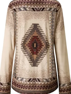 Women's Plus Size T Shirt V Neck Long Sleeve Tunic Graphic Geometric Vintage Basic Ethnic Long Tops Daily Weekend Print Blue Khaki Fall & Winter